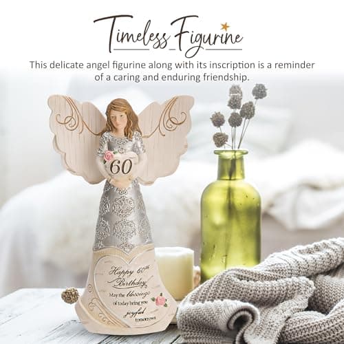 Pavilion Elements Angels Figurine - Guardian Angel Figure Display - Happy 60th Birthday May The Blessings of Today Bring You Joyful Tomorrows Printed Text, Collectibles Angel Figurines, 6"