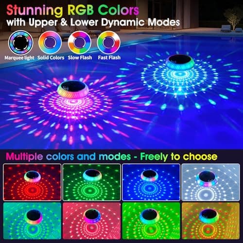 Floating Pool Lights Solar Powered, 7.6 Inch RGB Upper& Lower Color Changing Solar Pool Lights that Float with Dynamic Lighting Effects, IP68 Waterproof Swimming Pools Light for Party Decor(2)