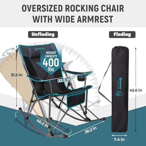 FUNDANGO Oversized Rocking Camping Chair for Adults, Portable Folding Lawn Chairs for Outside with Pillows, Wide Armrest, 2 Cup Holders, Carry Bag for Patio Garden Outdoor Supports 400Lbs (Black/Blue)