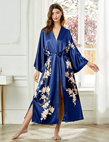 BABEYOND Kimono Robe Cover up with Box Long Floral Satin Sleepwear Silky Bathrobe Bachelorette Robe
