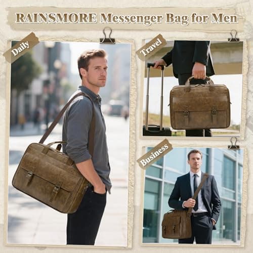 RAINSMORE Messenger Bag for Men 16 Inch Laptop Bag Vintage Leather Waterproof Laptop Briefcases Large Computer Satchel Bag