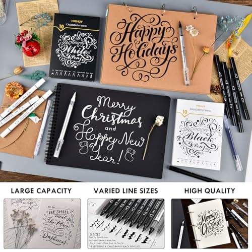Dual Tip Black Acrylic Calligraphy Pens, 10 Size Calligraphy markes for Writing, Hand Lettering Pen for Art Drawing, Sketching, Scrapbooking, Brush Pens Calligraphy Set for Beginners