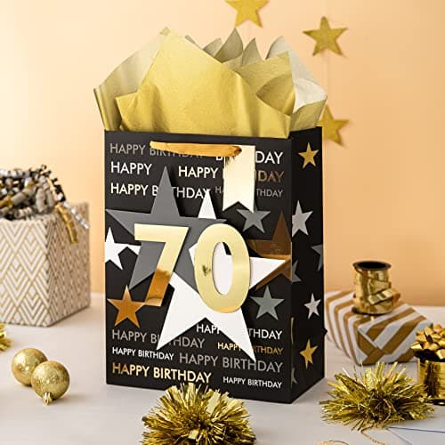 Loveinside Birthday Gift Bag with Tissue Paper and Greeting Card for 70 Birthday - 10" x 5" x 13", 1 Pcs, Black Gold