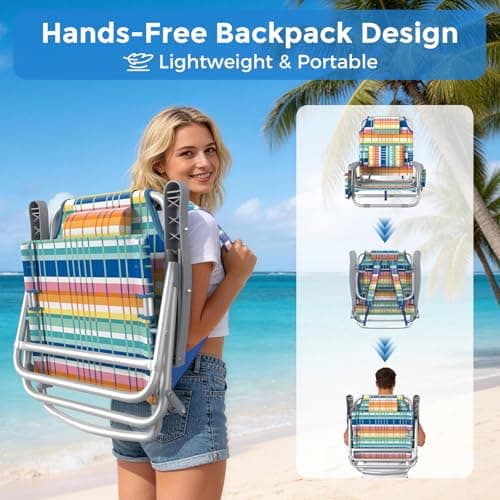 5-Position Backpack Beach Chair for Adults with Lumbar, Foldable Tall Heavy-Duty Beach Chairs with Cooler Bag,Cup Holder,Towel Rack for Beach, Camping, Outdoor (1, Rainbow)