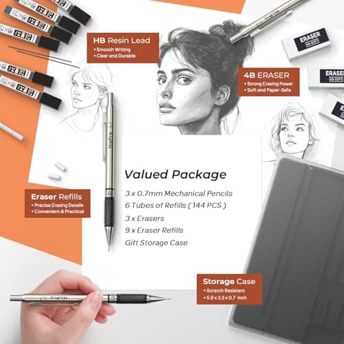 Nicpro 0.7 mm Art Mechanical Pencil Set in Storage Case, 3 PCS Metal Drafting Pencil Lead Pencil with 6 Tube HB Lead Refills, 3 Erasers, 9 PCS Eraser Refills for Artist Writing, Drawing, Sketching