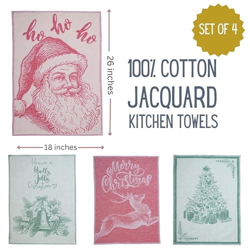 sea me at home Christmas Tea Towel Set of 4-100% Cotton Jacquard Kitchen Towels, Festive Dish Towels for Christmas Decor, Perfect Hostess Gift (Merry Christmas)