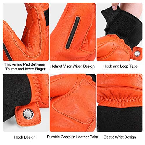 KUTOOK Ski Mittens with HIPORA Waterproof Membrane Goat Leather Gloves for Skiing Outdoor
