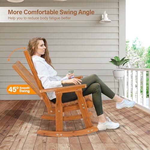 VINGLI Wooden Rocking Chair, Patio Rocker with Higher Backrest, Heavy Duty 600 LBS Outdoor Rocking Chair for Garden, Yard, Balcony, Teak