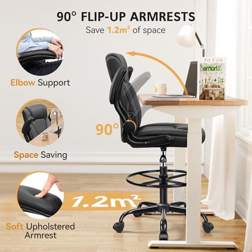 Drafting Chair,Tall Office Chair for Standing Desk,High Executive Leather Ergonomic Computer Chair with Adjustable Height and Flip-Up Armrest for Counter Height Desk,Black