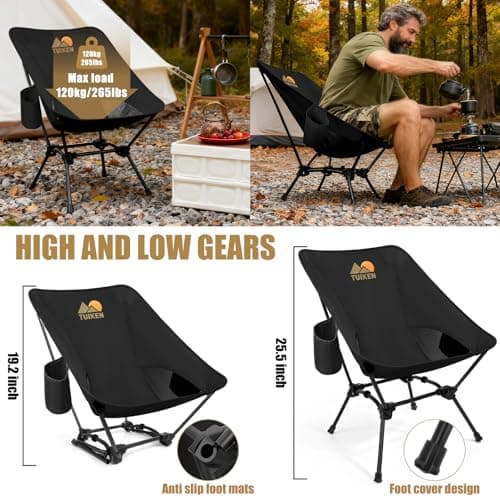 Ultralight Camping Chair Backpacking Chair, Portable Camp Chair with Cup Holder & Storage Bag, Lightweight Compact Folding Chair for Hiking, Travel, Picnic Mountaineering(Deep Black)