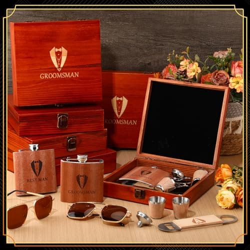 Complete Proposal Gift Set, Box, Flasks, Sunglasses, Funnel, Bottle Opener, Wooden Cups, Bachelor Party Favor 42 Pcs Groomsmen Gifts Set of 6 Wedding Best Man Gift, Brown B0G6ZNR6MC