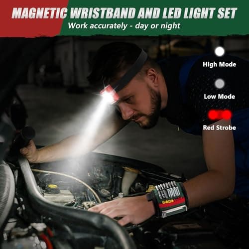 Magnetic Wristband with LED Light, Stocking Stuffers for Men, Christmas Gifts for Men, Dad, Him, Mechanics, Woodworker, Handyman, Magnet Tool Belt Wrist Band, Adjustable Wrist Screws Holder