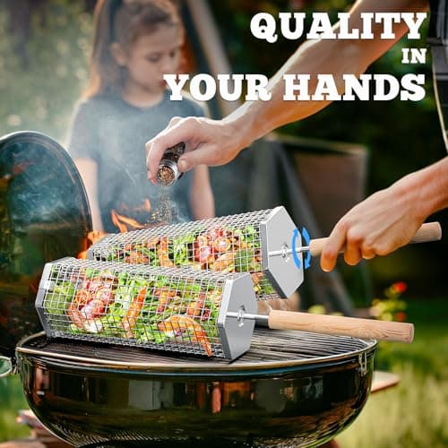 Rolling Grill Basket, Removable Wooden Handle, 304 Stainless Steel, Nesting Grilling Tools, Smoker BBQ Accessories for Vegetable, Outdoor Cooking Camping, Birthday Gifts for Men Dad Husband