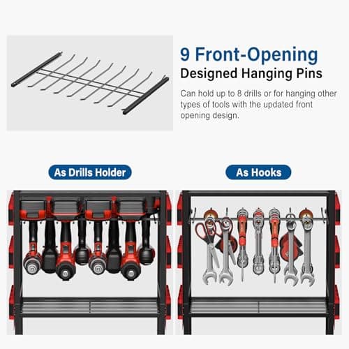 Floor Rolling, Large Tools Storage Cart on Wheels, Heavy Duty Drill Battery Station, Utility Rack Shelf for Garage Workshop JUNNUJ Power Tool Charging Organizer Cart, 8 Outlet 3 USB, 6 FT Cord, Red B0F378R323