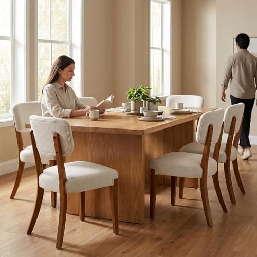 OVENTA Modern Armless Dining Chairs Set of 4, Mid-Century Contemporary Side Chairs with Solid Rubber Wood Legs, Beige Upholstered Fabric Accent Chairs for Dining Room, Kitchen, Living Room