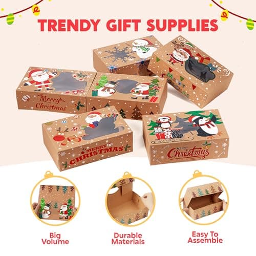 JOYIN 12PCS Christmas Cookie Boxes for Gift Giving, 8.75" x 5.75" x 2.75" Xmas Holiday Bakery Treat Boxes with Window, Kraft Cookie Tin Container Box for Baked Goods, Cupcake, Pastry, Candy, Doughnut