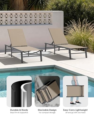 Ciokea Foldable Outdoor Lounge Chair, No Assembly Patio Chaise Lounge Outdoor with 5-Positions, Aluminum Pool Lounge Chair with Portable Design for Pool, Beach, Deck, Backyard, Khaki