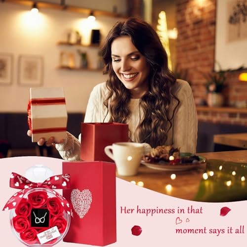 Anniversary Cute Women Artificial Soap Rose Flowers with Double Heart Necklace Present Gifts for Girlfriend Valentines Day Birthday Gift B0GW7XRWSC