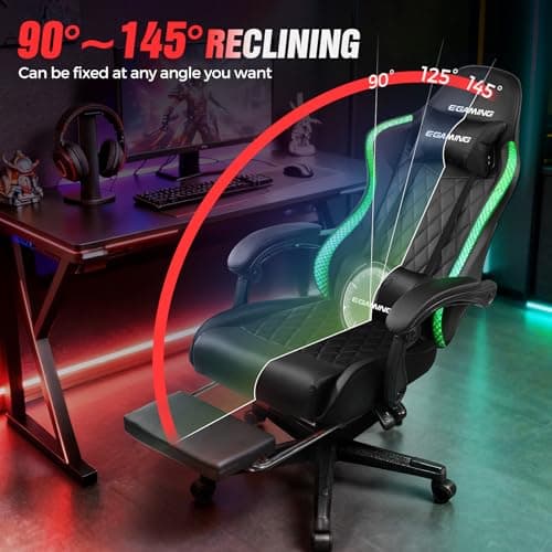 EXRACING Gaming Chair with Footrest Ergonomic High-Back PU Leather Computer Chair with RGB LED Lights Linkage Armrests Lumbar Support and Headrest 150°Reclining Diamond Quilted Office Chair for Adults