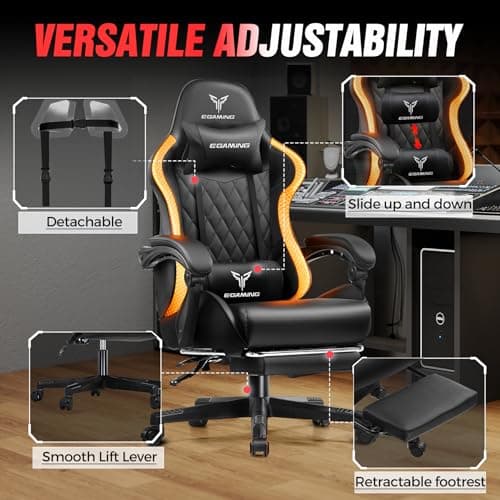EXRACING Gaming Chair with Footrest Ergonomic High-Back PU Leather Computer Chair with RGB LED Lights Linkage Armrests Lumbar Support and Headrest 150°Reclining Diamond Quilted Office Chair for Adults