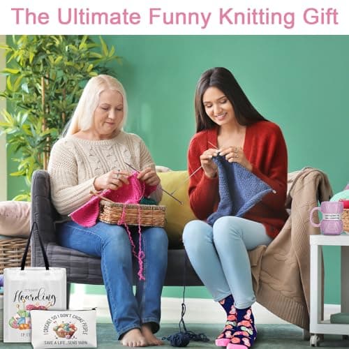 7 Pcs Crochet Knitter Gift Set Humorous Novelty Crochet Mug Mini Hooks Keychain Knitting Loop Ring Makeup Bag Handbag Sock for Women Christmas Beginner Lovers Gifts