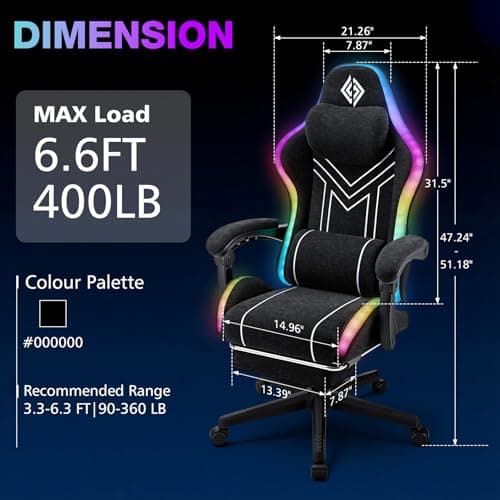 HOFFREE RGB Gaming Chair with Music Rhythm LED Lights and Bluetooth Speakers Fabric Ergonomic Game Chair 155° Reclining Computer Chair with Footrest Video Game Chairs for Adults Gaming & Office Black