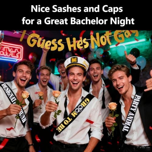 Men's Bachelor Party Decorations Kit with 1 Groom & 6 Groomsmen Belts, Gold Glitter Banner & Captain Hat for Bachelorette Party Supplies & Accessories
