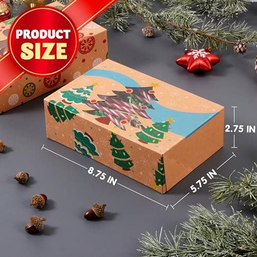 JOYIN 12PCS Christmas Cookie Boxes for Gift Giving, 8.75" x 5.75" x 2.75" Xmas Holiday Treat Cookie Tin with Window, 3 Designs Brown Foiled Kraft Bakery Box for Pastries, Cupcakes, Brownies, Doughnut