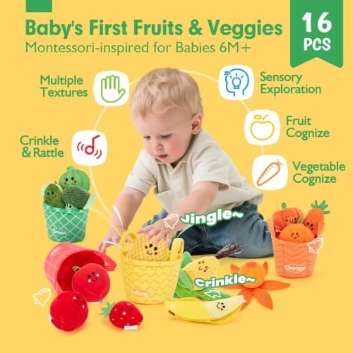 Color Sorting Play Food with Textures, Crinkle, Rattle, 6-12 Month Baby Toys 1 Year Old Boy Gifts One Year Old Girl Birthday hahaland Baby Sensory Toys Montessori Toys 1 Year Old Fruit Vegetable 16PCs B0DMVXR942