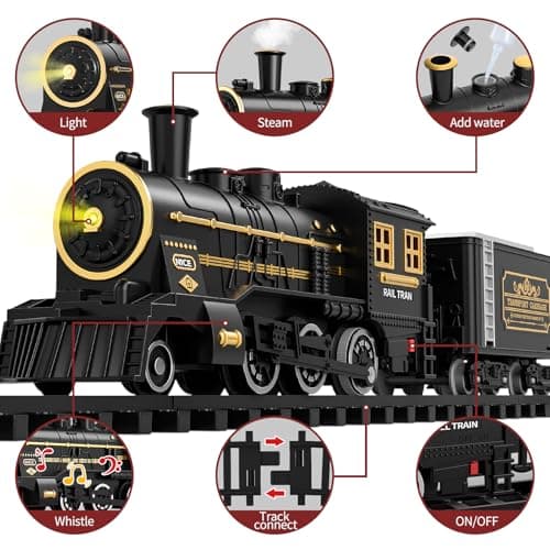 TEMI Steam Train Toy Set for Boys 3 4 5 6 7 Years, with Sounds & Light, Electric Classical Engine Locomotive for Kids, Rechargeable Model Train Kit for Christmas Tree, Cargo Car Railway Tracks