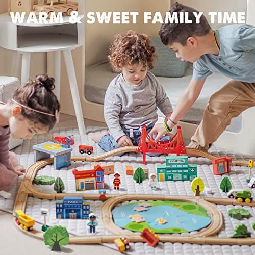 Tiny Land 110PCS Wooden Train Set – Toy Train with Tracks for Kids Ages 3-7, Compatible with Major Brands, Ideal Railway Playset for Boys and Girls, Great Birthday