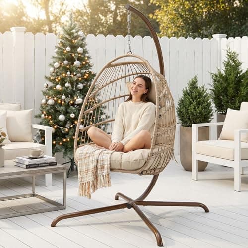 NICESOUL Hanging Egg Chair with Stand Indoor Outdoor, Comfy Patio Rattan Swing Hammock Chairs with Cushion, 350lbs Capacity Egg Shaped Chair for Lawn Backyard Balcony Bedroom, Birthday Gift, Beige