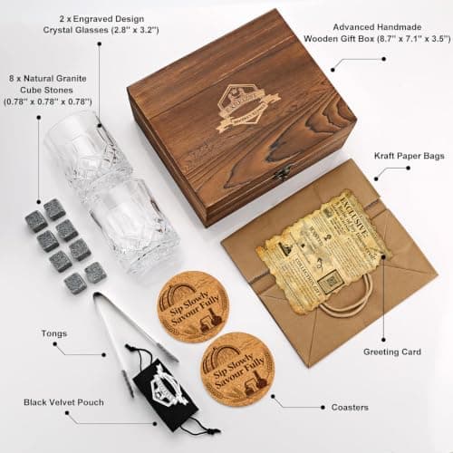 Whiskey Stones Gift Set - Whiskey Glass Set of 2 - Granite Chilling Whiskey Rocks - Scotch Bourbon Box Set -Father's Day Birthday Gifts for Men Drinking Gift for Dad Him Husband Party Holiday Present