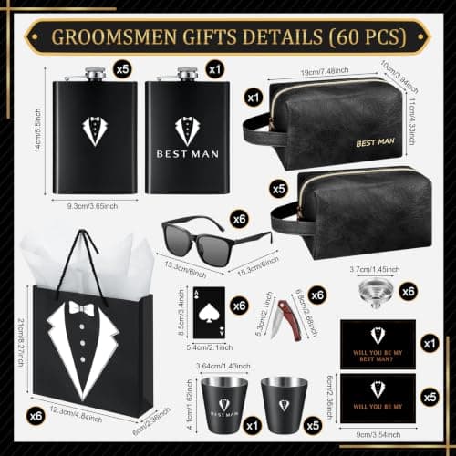 Complete Gift Set for Wedding with Flasks Shot Glasses Funnels Toiletry Bags Sunglasses Bottle Openers Gift Bags and Cards Rigibright 60 Pcs Groomsmen Gifts Set of 6 for Wedding Best Man Gift B0F6N4938G