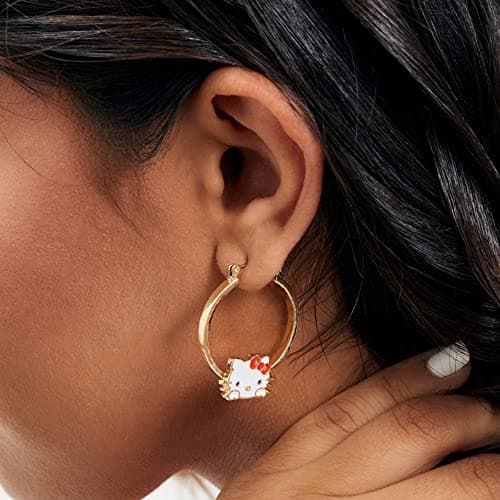 Hello Kitty Hoop Earrings for Women Official License, Gold Tone Flash-Plated and Enamel Sanrio Earrings