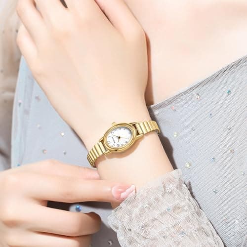 BOFAN Small Gold Watches for Women Easy Read Ladies Quartz Wrist Watch with Stainless Steel Expansion Band,Waterproof.
