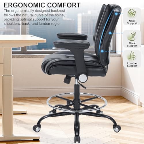 Office Drafting Chair, Tall Desk Chair with Adjustable Armrests and Footrest Ring PU Leather Standing Desk Chair with Extra Thicken Seat Cushion, Comfy High Office Chair for Counter Height Desk, Black