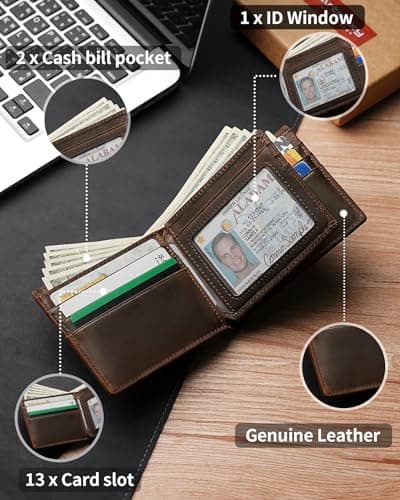 Artpaxy Mens Wallet Genuine Leather Bifold RFID Blocking Wallet for Men with 1 ID Window 13 Card Holders 2 cash pockets 1 Gift Box
