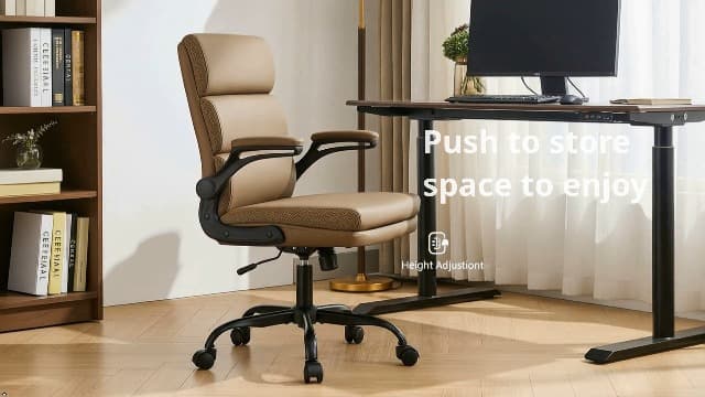 Office Chair Adjustable Desk Chair Mid Back Executive Comfortable Bonded Leather Ergonomic Back Support Home Computer Chairs with Padded Flip-up Armrest Swivel Wheels (Tan)