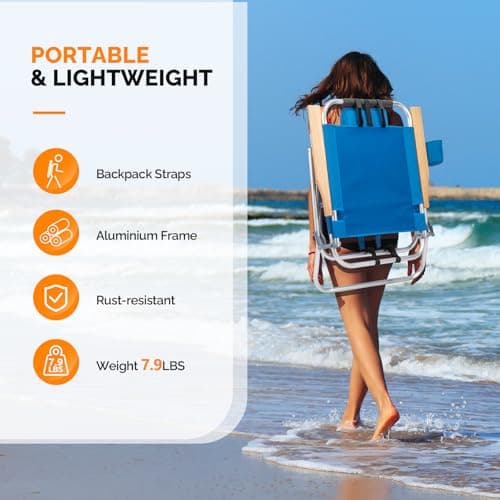 VINGLI 17" Tall Beach Chair, Aluminum Backpack Beach Chairs for Adults, Portable with Adjustable Straps, 3-Position Reclining, Cup Holder, High Lightweight Beach Chairs for Beach