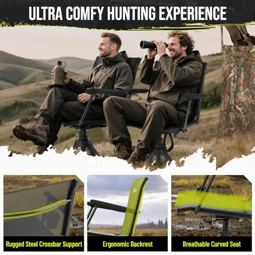 HUNTSEN 360° Silent Swivel Hunting Chair for Blinds - Stable Portable Ground Blind Chair Adjustable 4 Legs & Seat Height Folding Outdoor Fishing Seat with Anti-Sink Feet Armrest - Supports 330lbs