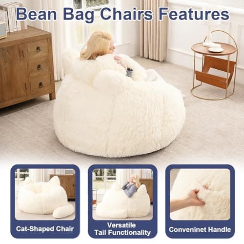 Achicsofar Bean Bag Chair for Adults Teens Giant Faux Fur Bean Bag Chairs with Filler Fluffy Plush Cat Shaped Beanbag Couch Comfy Accent Floor Sofa for Gaming, Reading in Living Room, Bedroom, Dorm