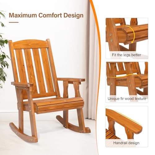 VINGLI Wooden Rocking Chair, Patio Rocker with Higher Backrest, Heavy Duty 600 LBS Outdoor Rocking Chair for Garden, Yard, Balcony, Teak