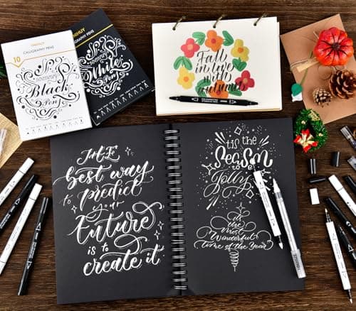 Dual Tip Black Acrylic Calligraphy Pens, 10 Size Calligraphy markes for Writing, Hand Lettering Pen for Art Drawing, Sketching, Scrapbooking, Brush Pens Calligraphy Set for Beginners