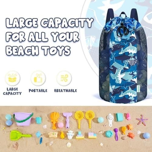 Shark Large Mesh Beach Bag for Kids, Kids Drawstring Beach Backpack for Boys, Tote Mesh Beach Toys Bag, Swim Pool Toys Balls Storage Bags Gym Bag, Beach Toy Shells Organizer