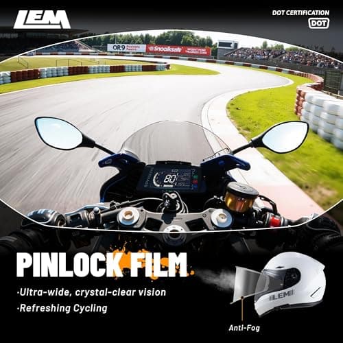 LEM Motorcycle Helmets Full Face, Helmets for Men DOT Certified, PINLOCK & DVS Dual Vision, Motorcycle Street Bike Helmet for Adults Fiberglass Shell Bluetooth Ready for Cruiser(White, Size M)