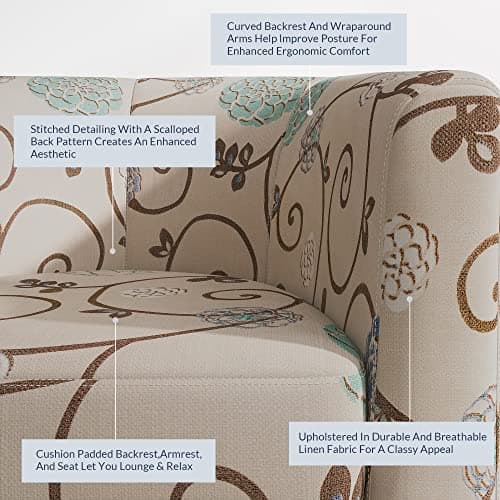 BELLEZE Living Room Chair, Linen Round Accent Barrel Chair, Club Tub Sofa Chair for Bedroom, Corner Chair with Flared Legs and Cozy Soft Padding - Highland (Floral Print)