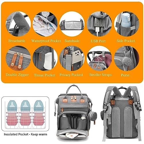 Baby Diaper Bags with Changing Station, Waterproof Diaper Bag Backpack for Moms Dads with USB Charging Port, Baby Shower Gifts, Large Capacity diaper backpack, Grey