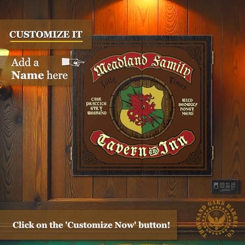 Personalized Dart Board Cabinet Set with 6 Steel Tip Darts, Paper Dartboard, Chalk & Eraser (21.5 x 21.5 x 2.75) - Man Cave Dart Boards for Adults