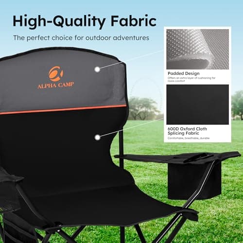 ALPHA CAMP Camping Chairs 350LBS Capacity, Heavy Duty Folding Chair with 4-Can Cooler Bag, Portable Outdoor Chair with Cup Holder for Adults, Collapsible for Tailgating, Beach, Fishing